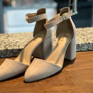 Lulu's Tan Block Heel Pumps with Ankle Strap